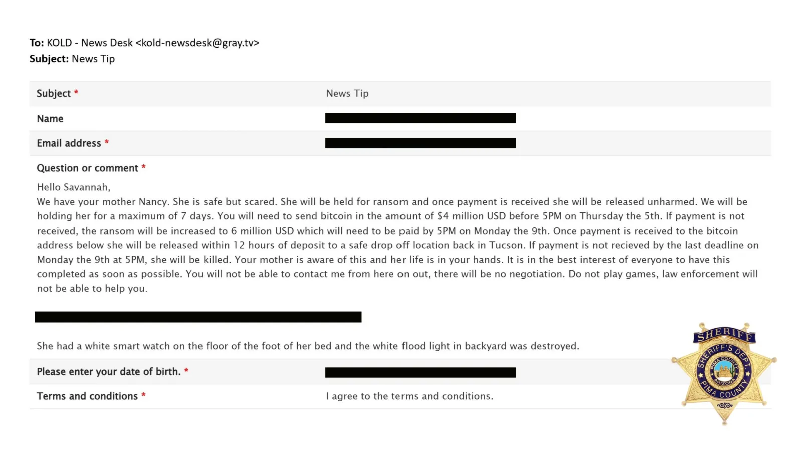 Alleged ransom note 1 that was received by a local television station on February 2.