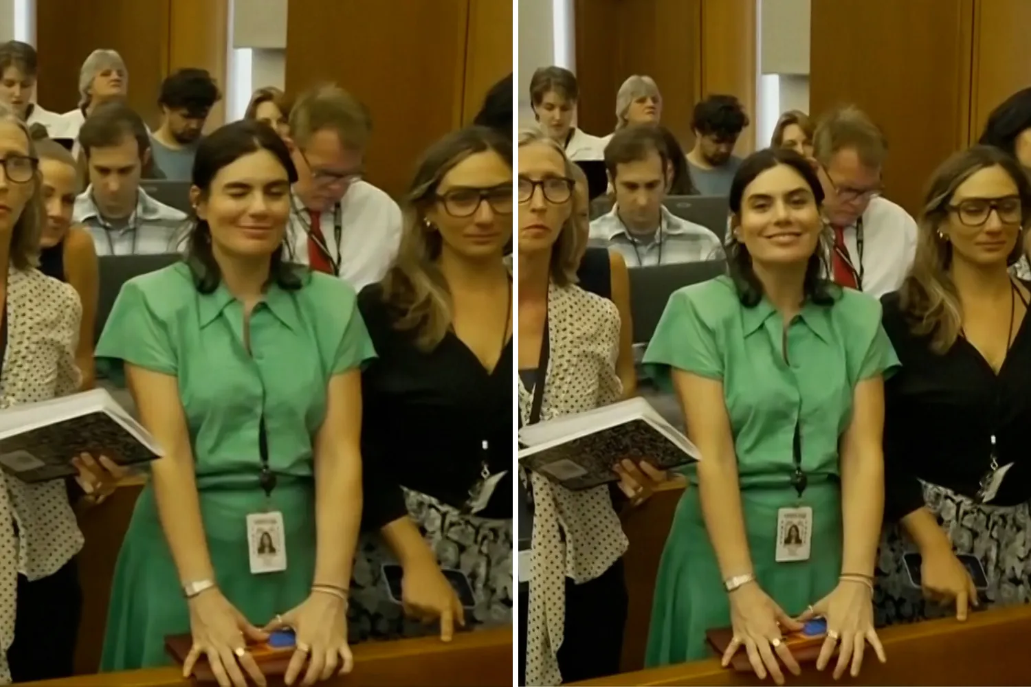 who is the green dress lady Lady' Brittany Romano Dropped by Vanity Fair For Clancy Trial Behavior Fushia Purple