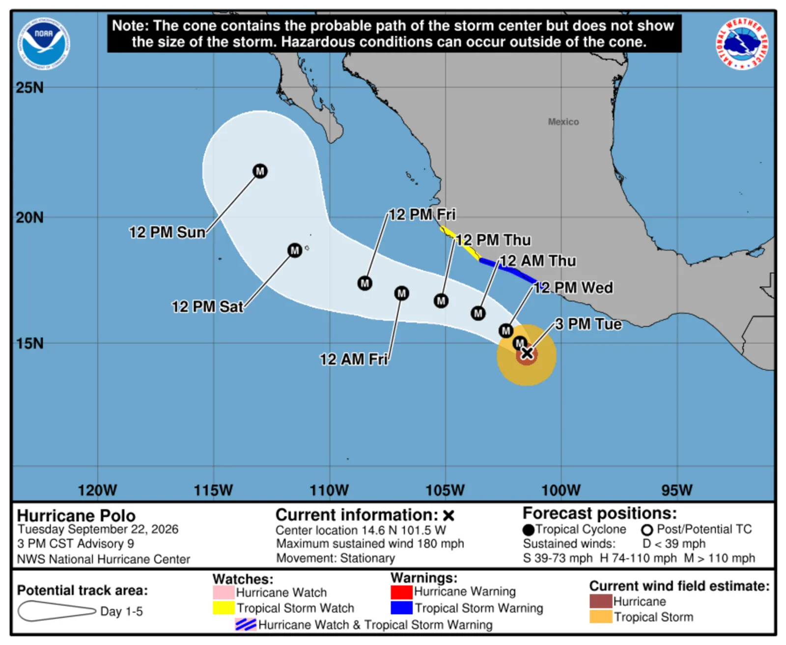 A forecast image from the National Hurricane Center shows Hurricane Polo offshore of Mexico. As of Tuesday, it was a Category 5 hurricane.