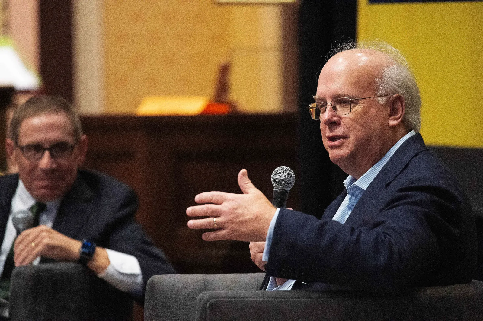 Karl Rove, former White House Deputy Chief of Staff, speaking at The Texas Tribune Festival. Austin, Texas, September 7, 2024. (Mario Cantu/Cal Sport Media via AP Images)