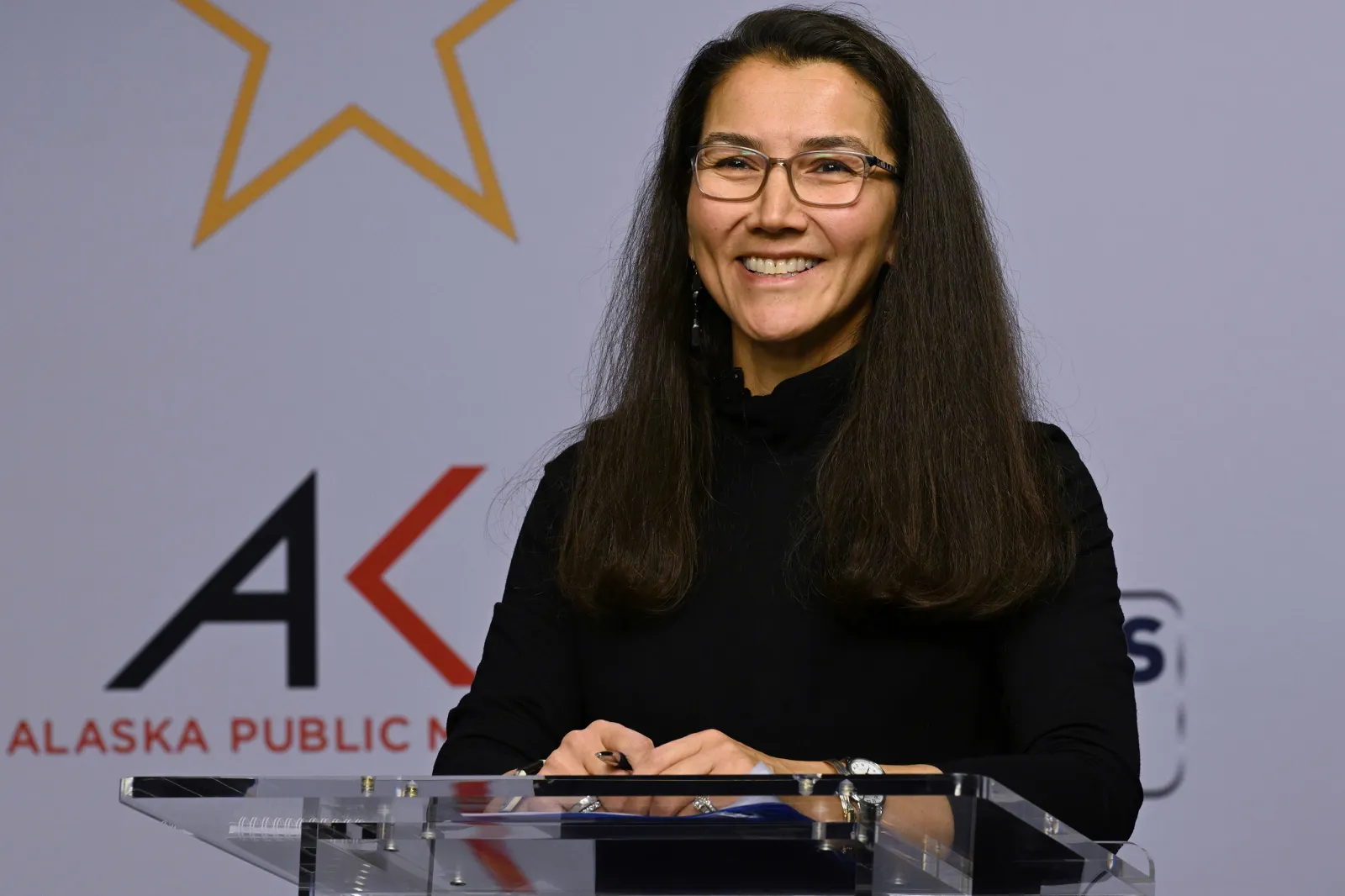 Mary Peltola fields a question during a televised debate on October 10, 2024, in Anchorage, Alaska. (Bill Roth/Anchorage Daily News via AP, File)