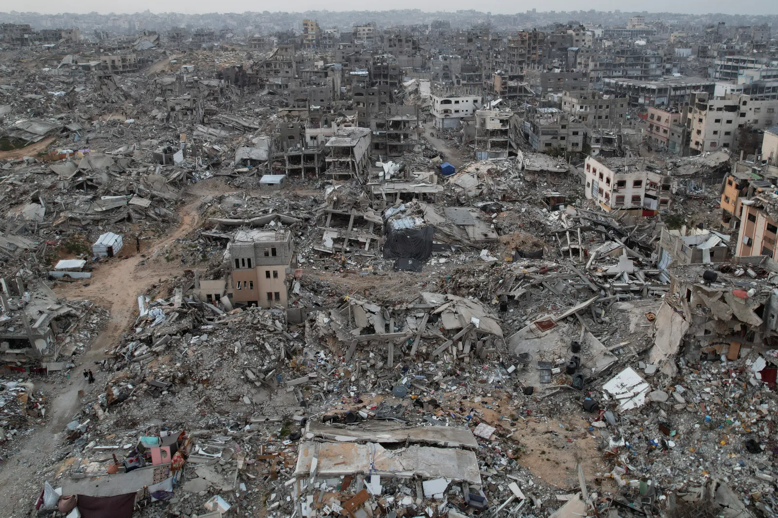 An aerial photograph taken by a drone shows the destruction caused by the Israeli air and ground offensive in Jabaliya, Gaza Strip, on Sunday, Feb. 16, 2025. (A
