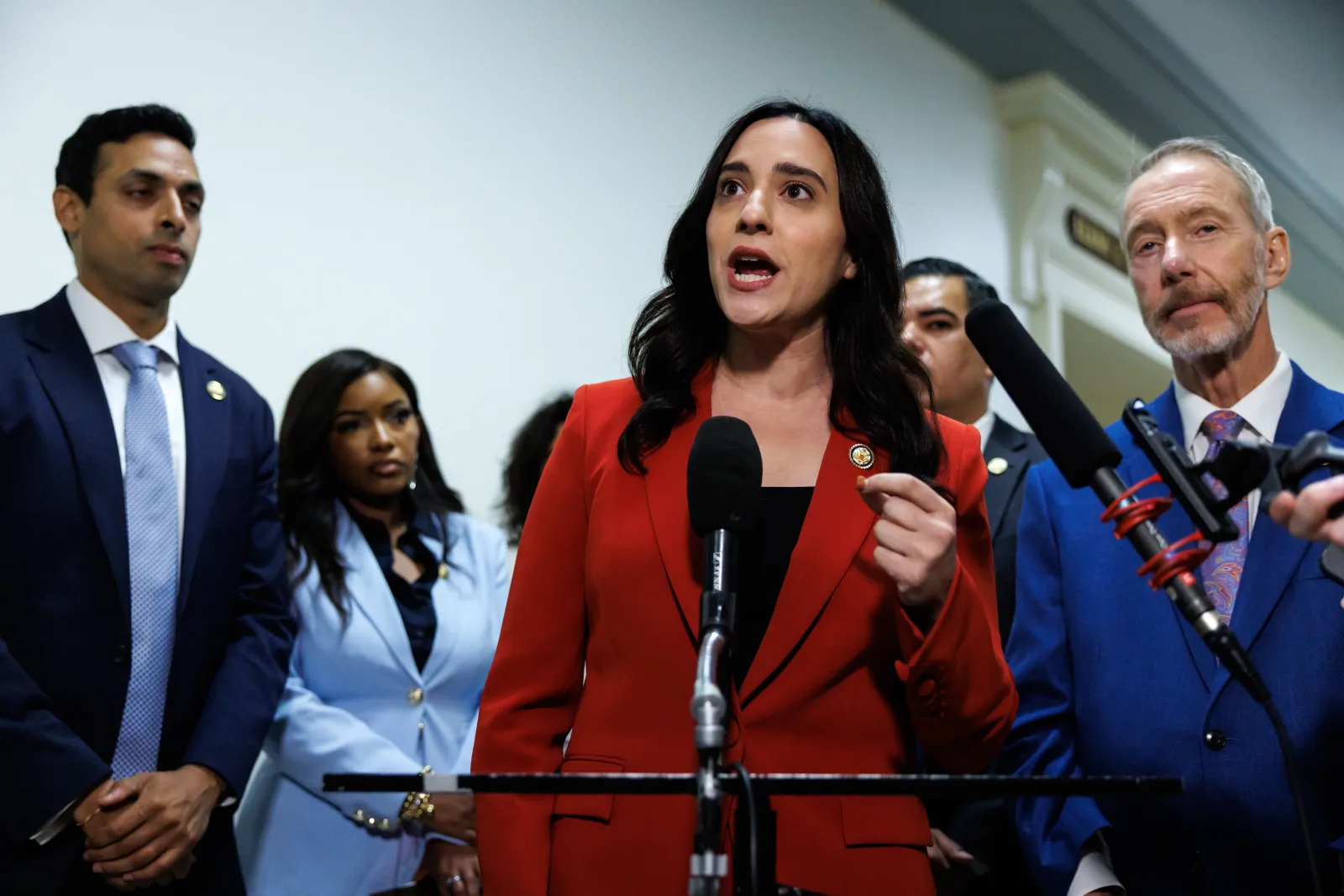 Representative Yassamin Ansari, an Arizona Democrat, speaks with reporters alongside other Democratic committee members during a break in a closed-door intervie