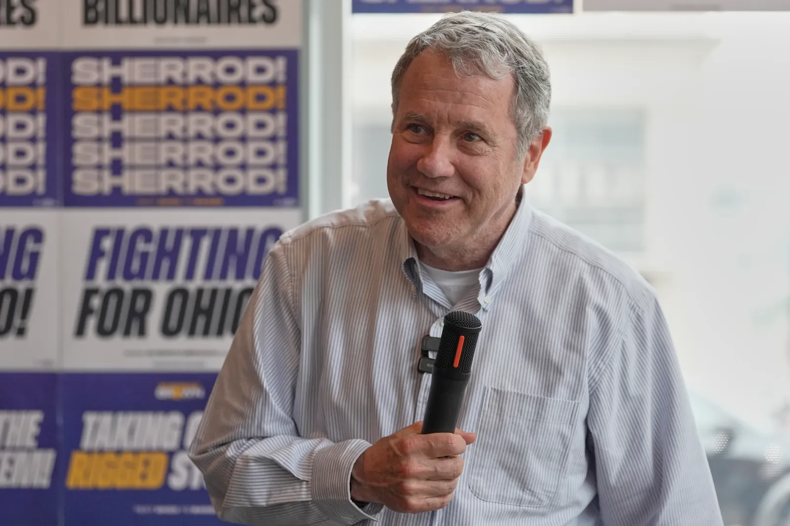 Sherrod Brown, a former three-term U.S. senator, speaks at a campaign event in Akron, Ohio, on July 16, 2026.