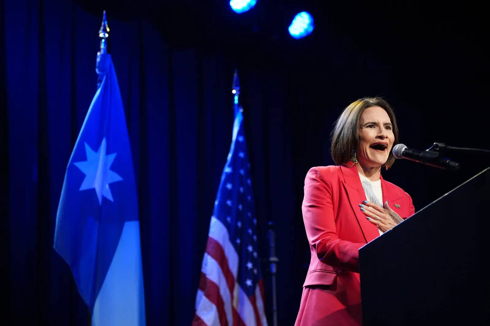 Minnesota Lieutenant Governor Peggy Flanagan, a Democratic candidate for U.S. Senate, reacts on stage during an election night watch event on August 11, 2026, i