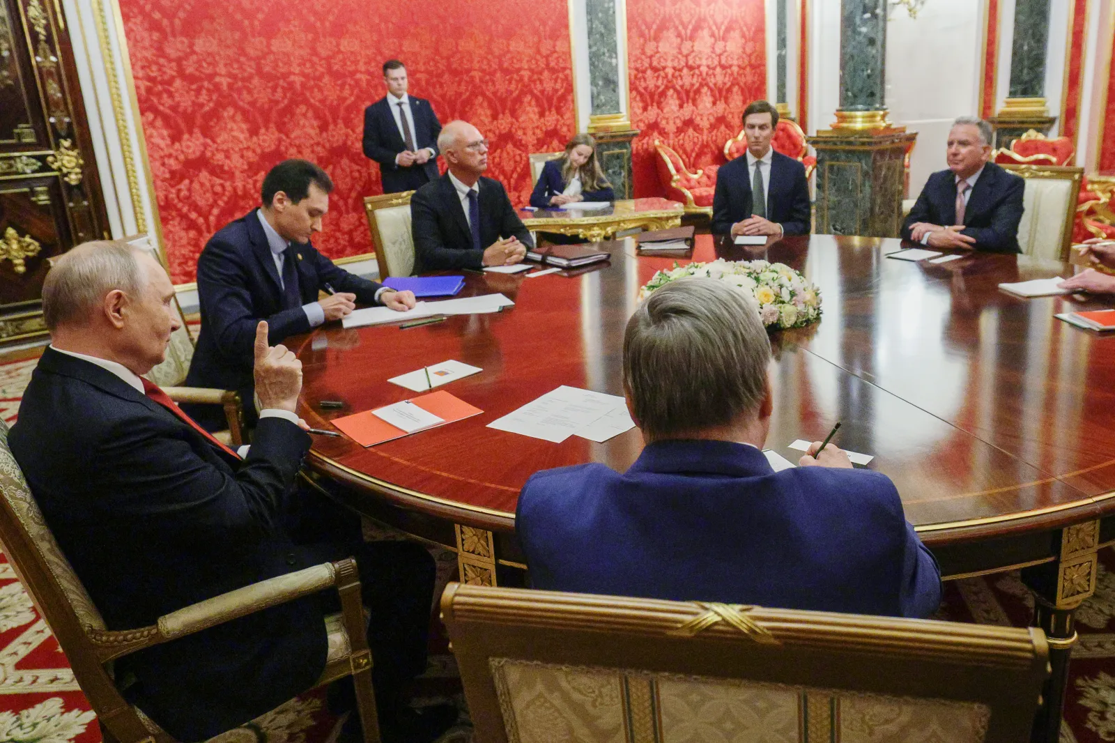 President Vladimir Putin, right, speaks to President Donald Trump's envoys Steve Witkoff, right, and Jared Kushner, second right, as Presidential Envoy Kirill Dmitriev, center, sits near during the talks at the Senate Palace of the Kremlin in Moscow, on Saturday, Sept. 5, 2026.