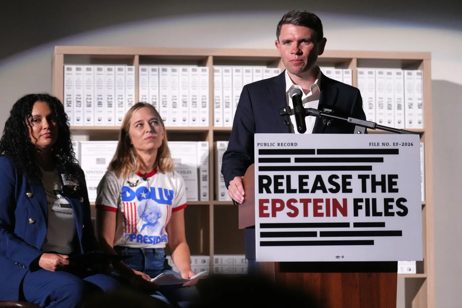 Democratic U.S. Senate candidate Texas state Rep. James Talarico speaks during an event in Dallas, Thursday, Sept. 10, 2026, as Sharlene Rochard, left, and Annie Farmer, look on. (AP Photo/Jacquelyn Martin)