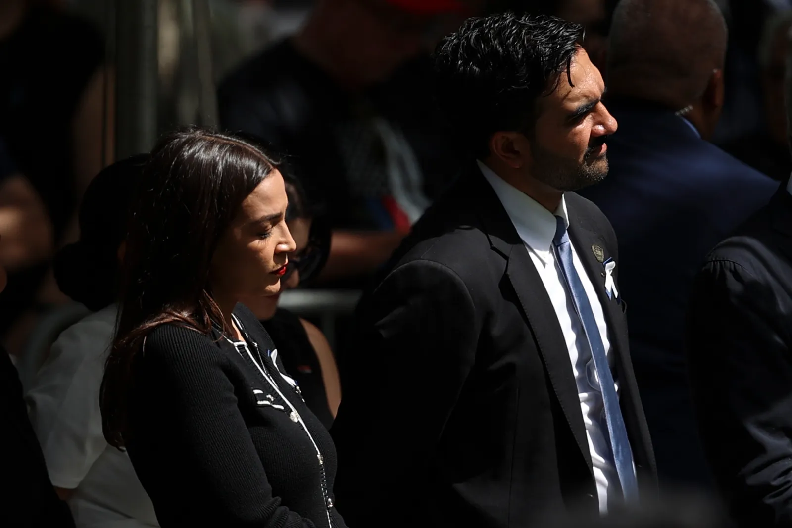 Representative Alexandria Ocasio-Cortez and New York City Mayor Zohran Mamdani participate in a memorial on the 25th anniversary of the September 11, 2001, terror attacks, on September 11, 2026, in New York. (AP Photo/Pamela Smith)
