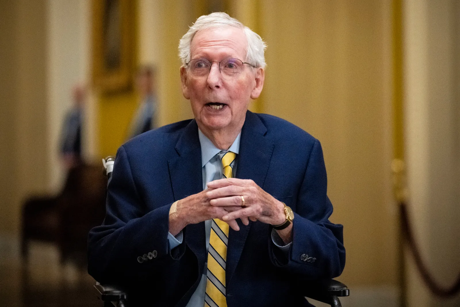 Senator Mitch McConnell, a Kentucky Republican, speaks to media near the Senate Chamber after returning to the U.S. Capitol for the first time in months, in Was