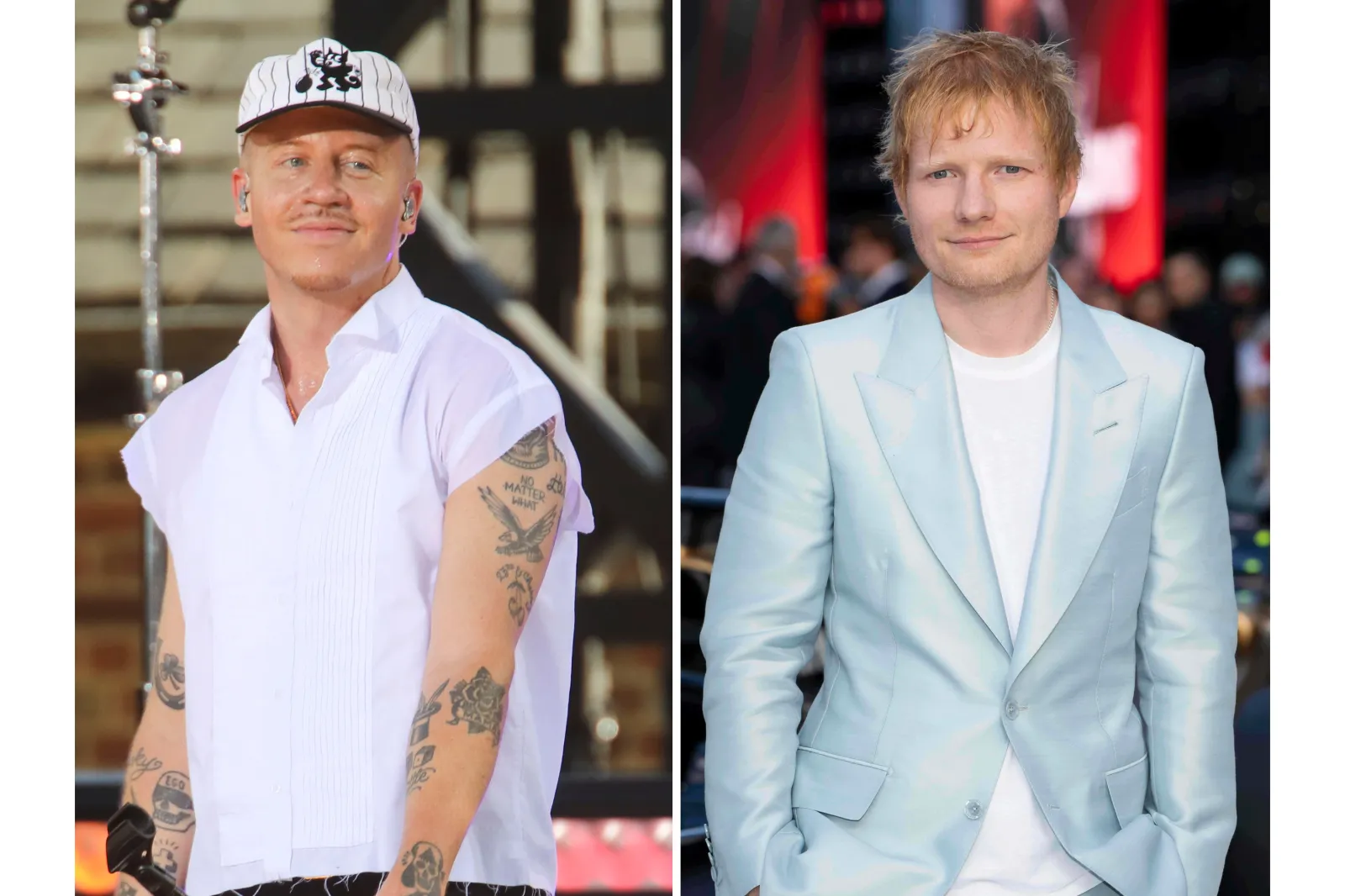 L: Macklemore performs in New York City on July 22, 2022. R: Ed Sheeran in London on June 23, 2025.