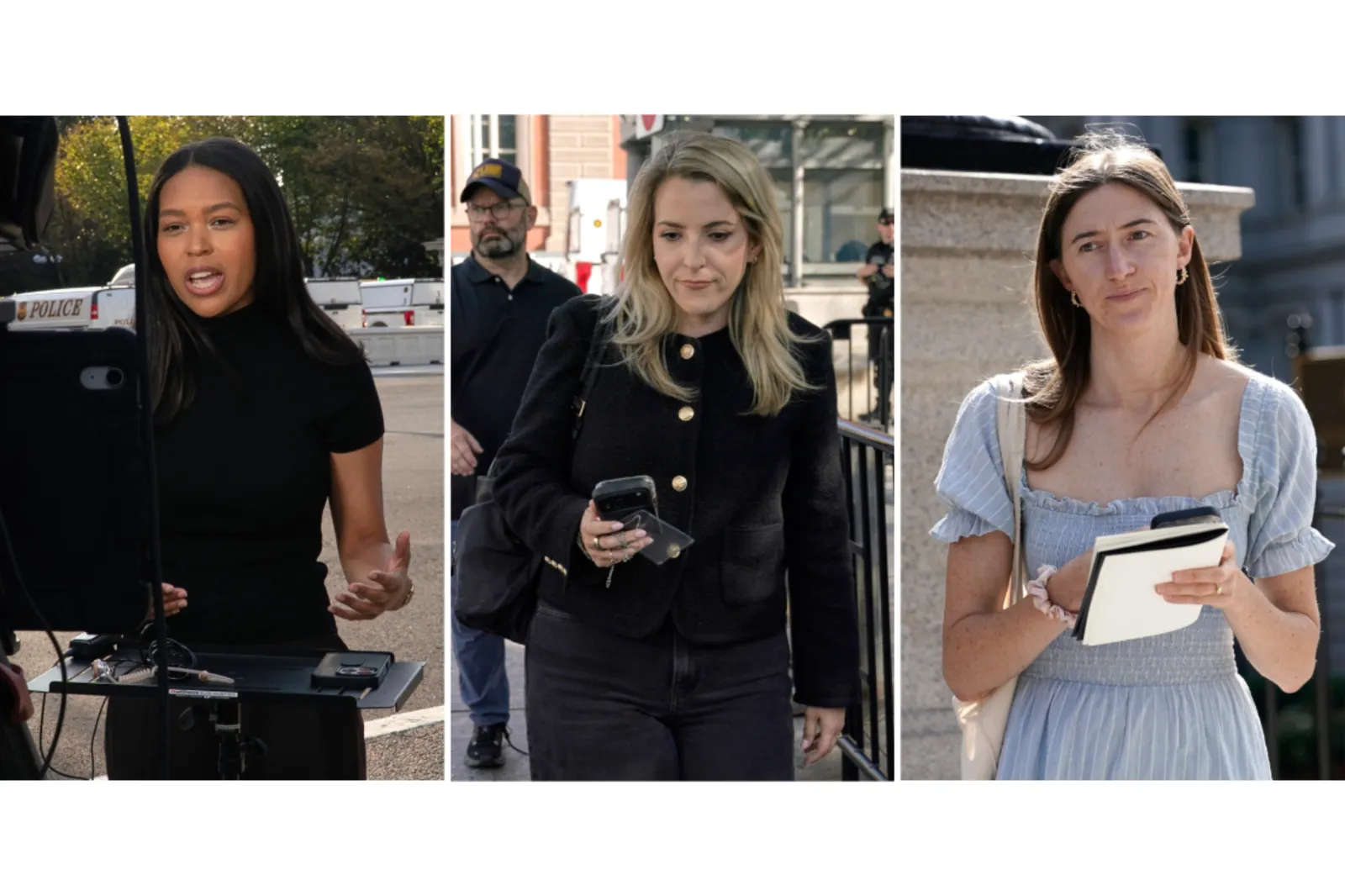 This combination of photos shows MS NOW White House reporter Akayla Gardne, from left, CNN Senior White House Reporter Betsy Klein and Politico White House repo