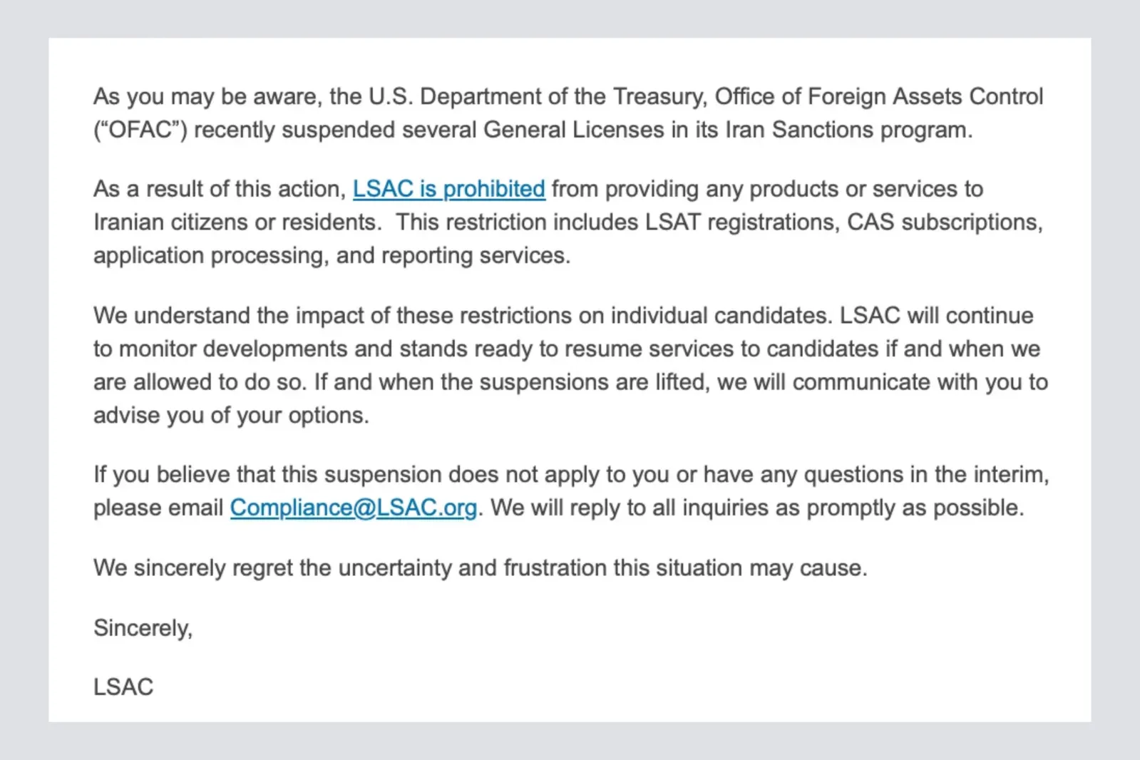 A photo of a LSAC email sent to Shirin Basiri on September 9, 2026.
