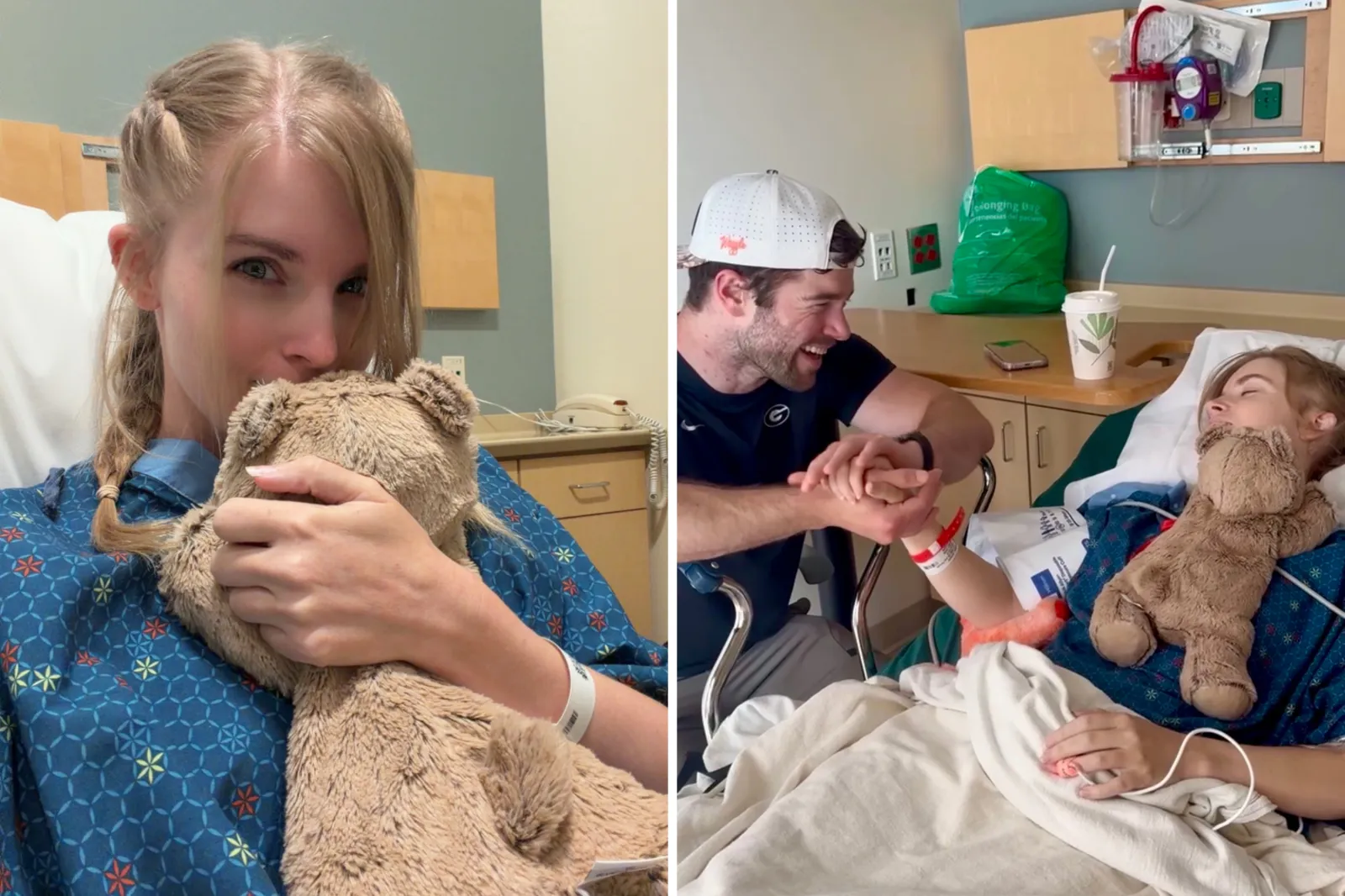 Wings holds a teddy bear and lies in the hospital bed with her partner by her side.