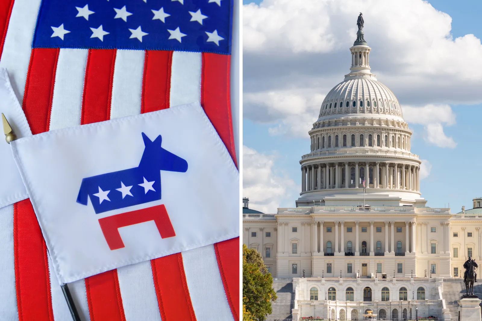 File image: the Democratic Party flag and October 22, 2025: The U.S. Capitol is seen in the early afternoon on the 22nd day of the second longest ever shutdown 