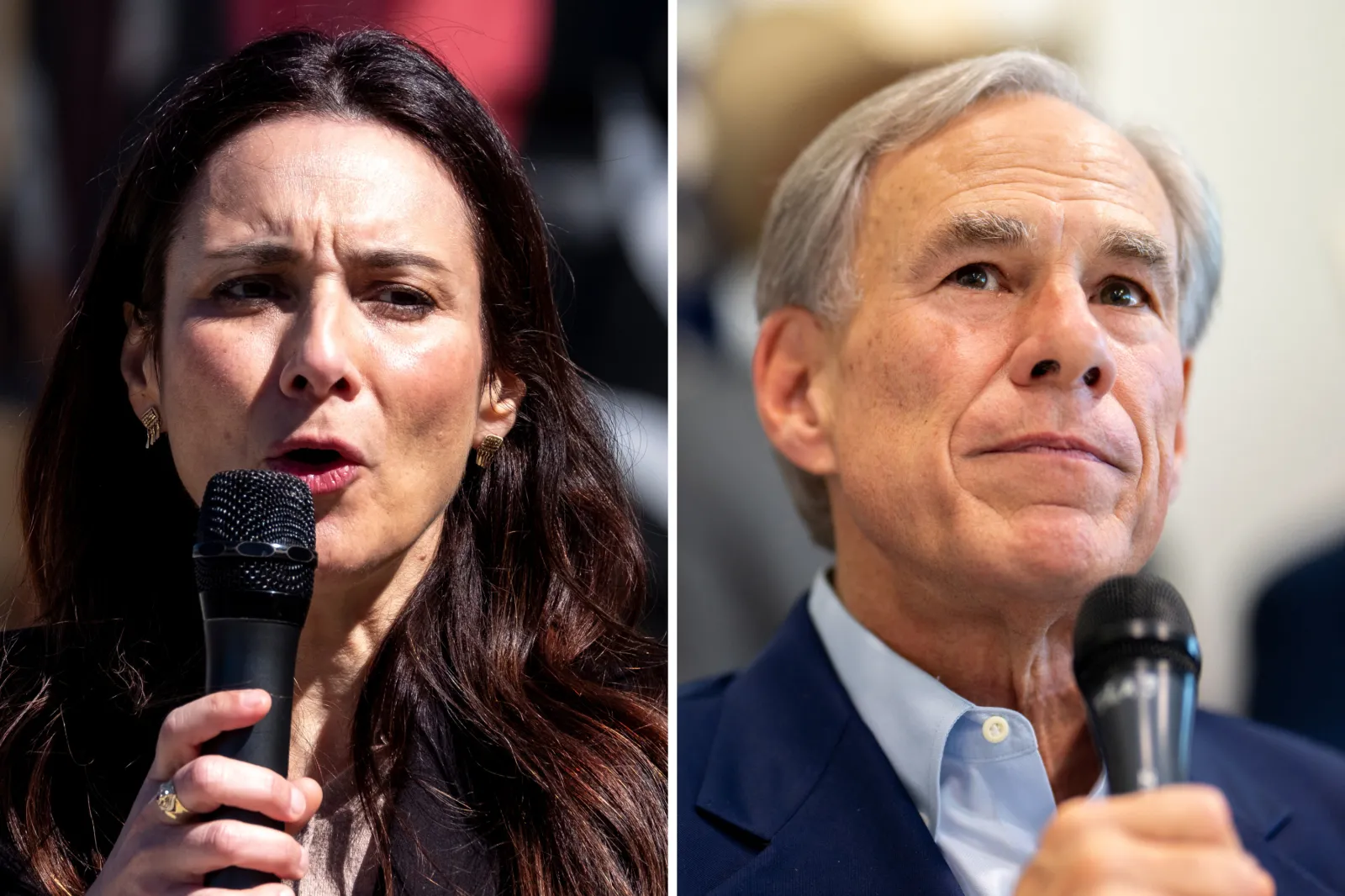 Texas state Representative Gina Hinojosa speaks on February 22, 2026, in San Antonio, Texas. Texas Governor Greg Abbott speaks during a press conference in Kerrville, Texas, on June 8, 2026.