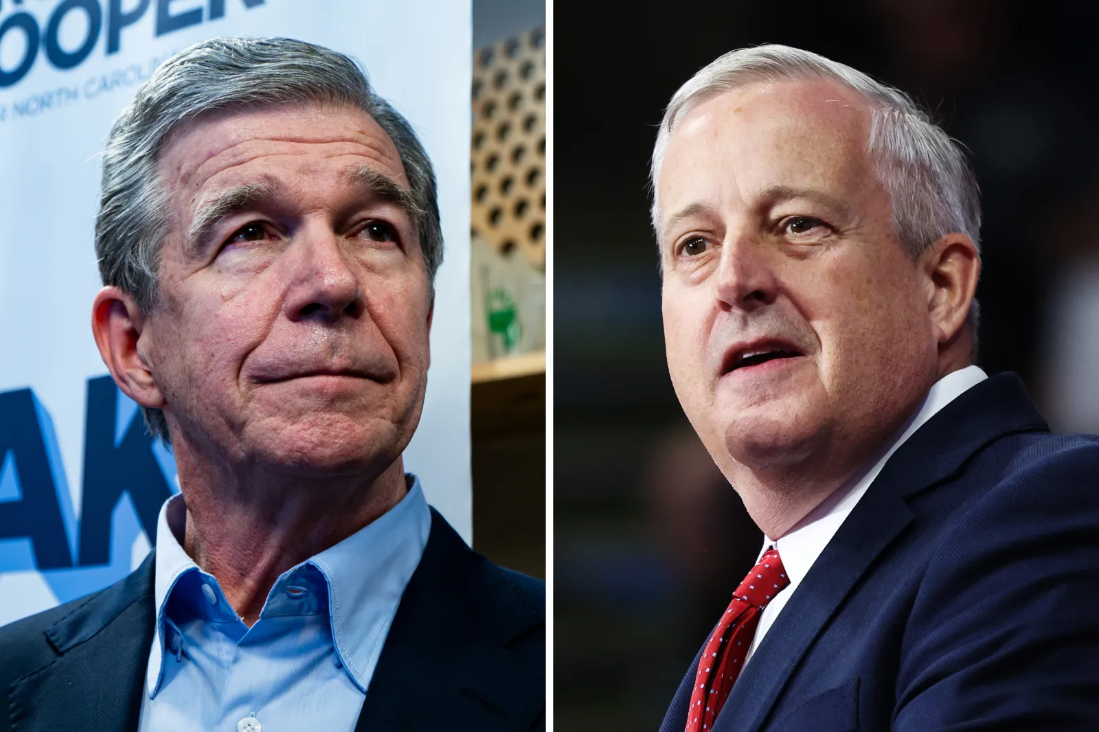 Former Governor Roy Cooper speaks during a campaign event in Raleigh, North Carolina, on March 4, 2026. Michael Whatley speaks during a rally in Wilkes-Barre, P
