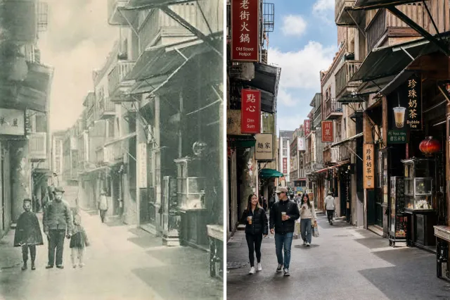 A view of Ross Alley before 1906 (left); a recreation of it in 2026.