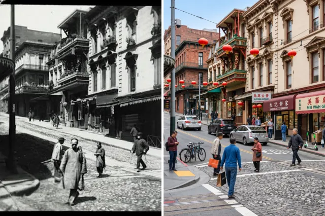 A street in Chinatown in San Francisco pre-1906 (left); a recreation of it in 2026.