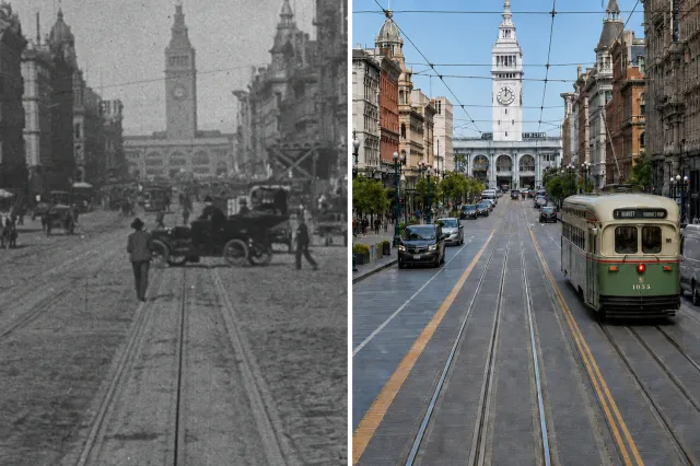 A still from the film "A Trip Down Market Street" from the Miles Brothers showing Market Street in 1906 (left); a recreation of it in 2026