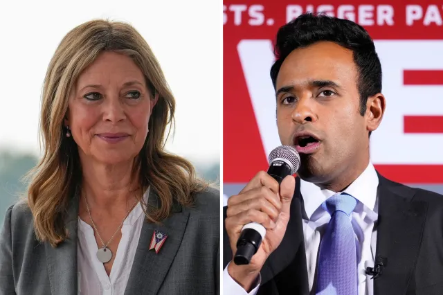 Amy Acton, left, attends a campaign event in Marietta, Ohio, on September 17, while Vivek Ramaswamy, right, speaks during a watch party on May 5 in Columbus, Ohio.