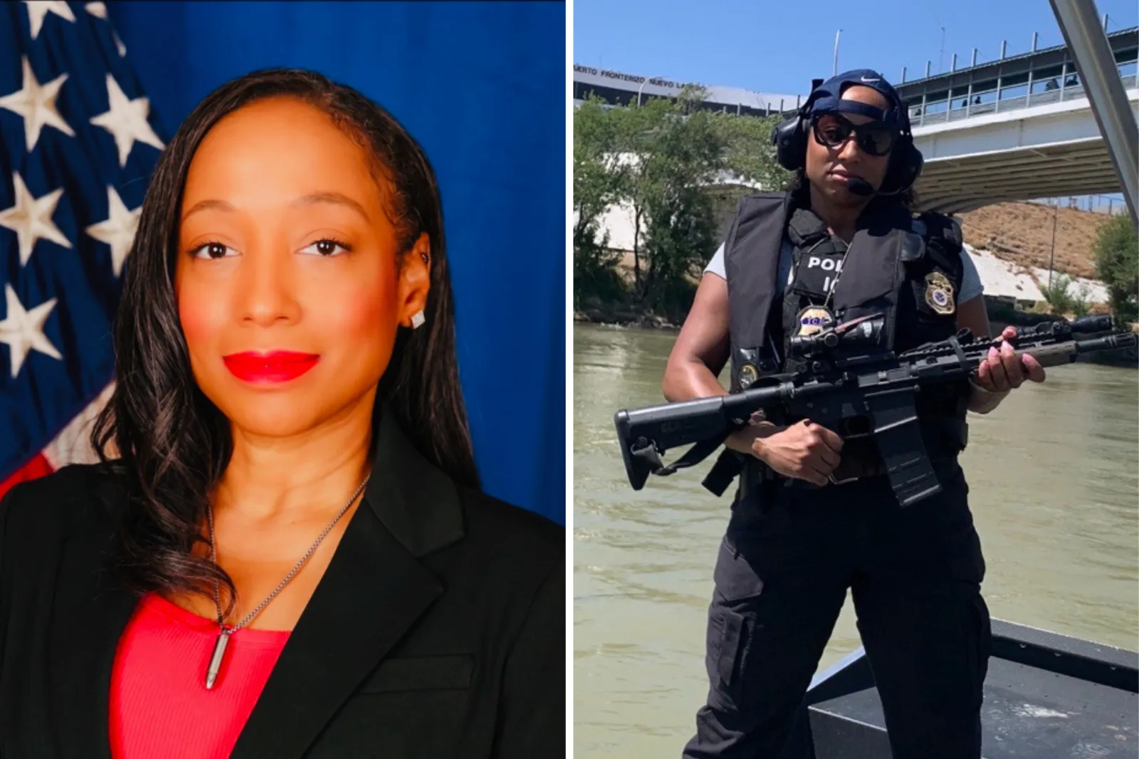 ICE Agent Lenicia Shannon, pictured in a government headshot and in U.S. Immigration and Customs Enforcement uniform.