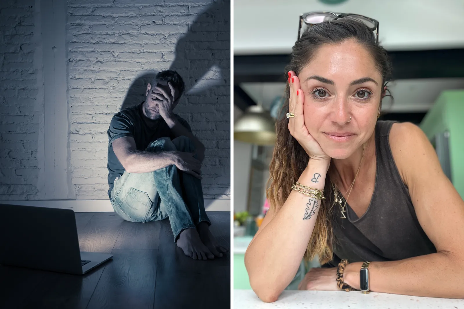 From left: A distressed man sits away from a laptop; and Zara Kadir at home.