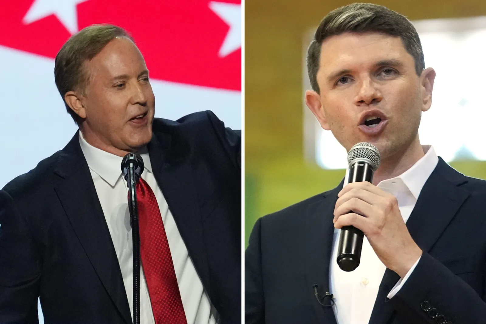 Left: Ken Paxton, Texas senatorial candidate, speaks at the Republican convention in Dallas, Wednesday, Sept. 9, 2026. (AP Photo/Tony Gutierrez). Right: Democratic U.S. Senate candidate Texas state Rep. James Talarico speaks at a food drive at the Frederick Douglass Human Services and Justice Center, Wednesday, Sept. 9, 2026, in Dallas. (AP Photo/Julia Demaree Nikhinson)