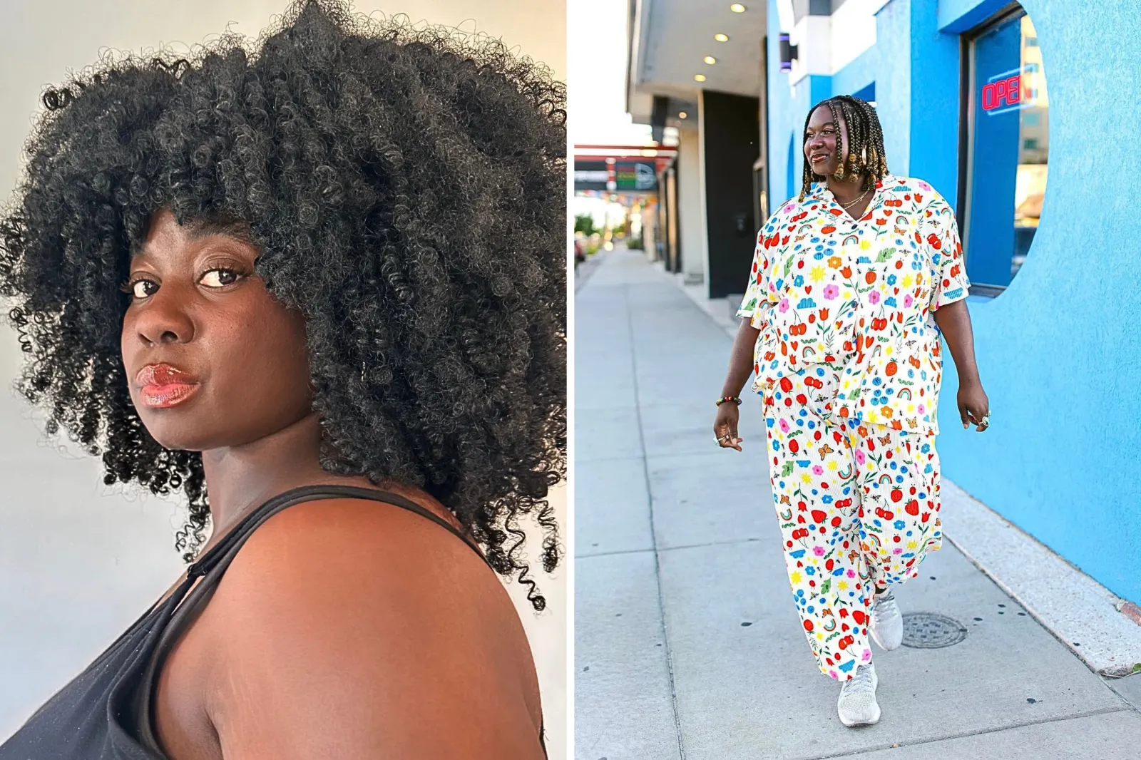 Photos show Anna Sheffield posing for a headshot and walking down a street.