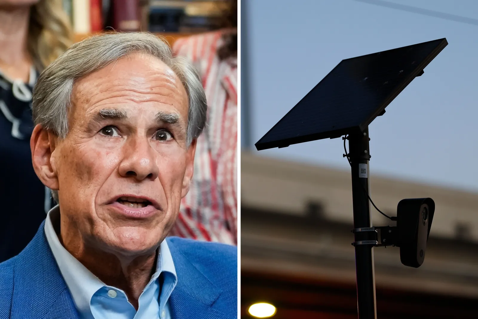 Left: Governor Greg Abbott speaking in Austin, Texas, in August. Right: A Flock camera mounted in Houston earlier this month.