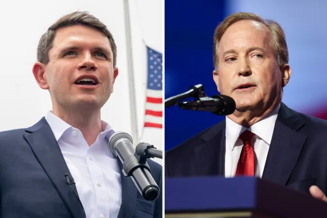 Texas Senate candidate James Talarico, left, speaks in Laredo, Texas, on July 14, while Texas Attorney General Ken Paxton, right, addresses the crowd at the Republican National Convention in Dallas on September 9.