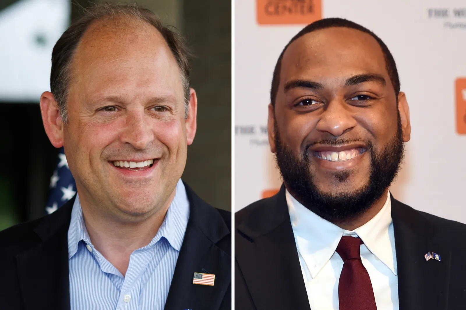 L: Representative Andy Barr in Lexington, Kentucky, on May 19, 2026. R: Charles Booker in Louisville on November 12, 2021.