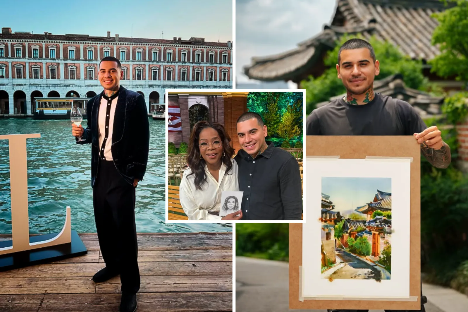 From left: Devon Rodriguez in Venice, Italy; inset; with Oprah Winfrey; and holding up a painting in Japan.