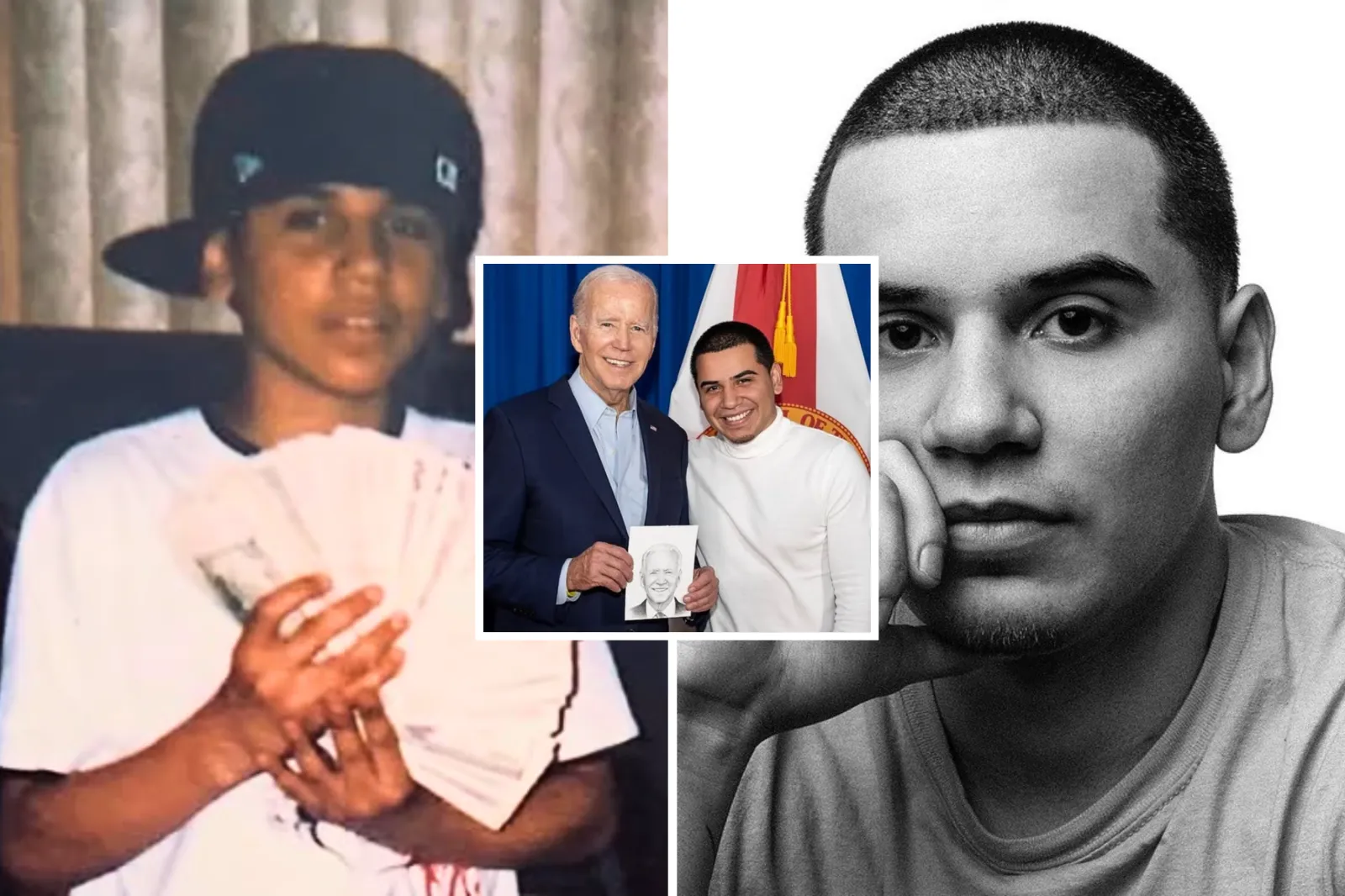 From left: Devon Rodriguez as a child; inset, pictured with Joe Biden; and in a professional headshot.