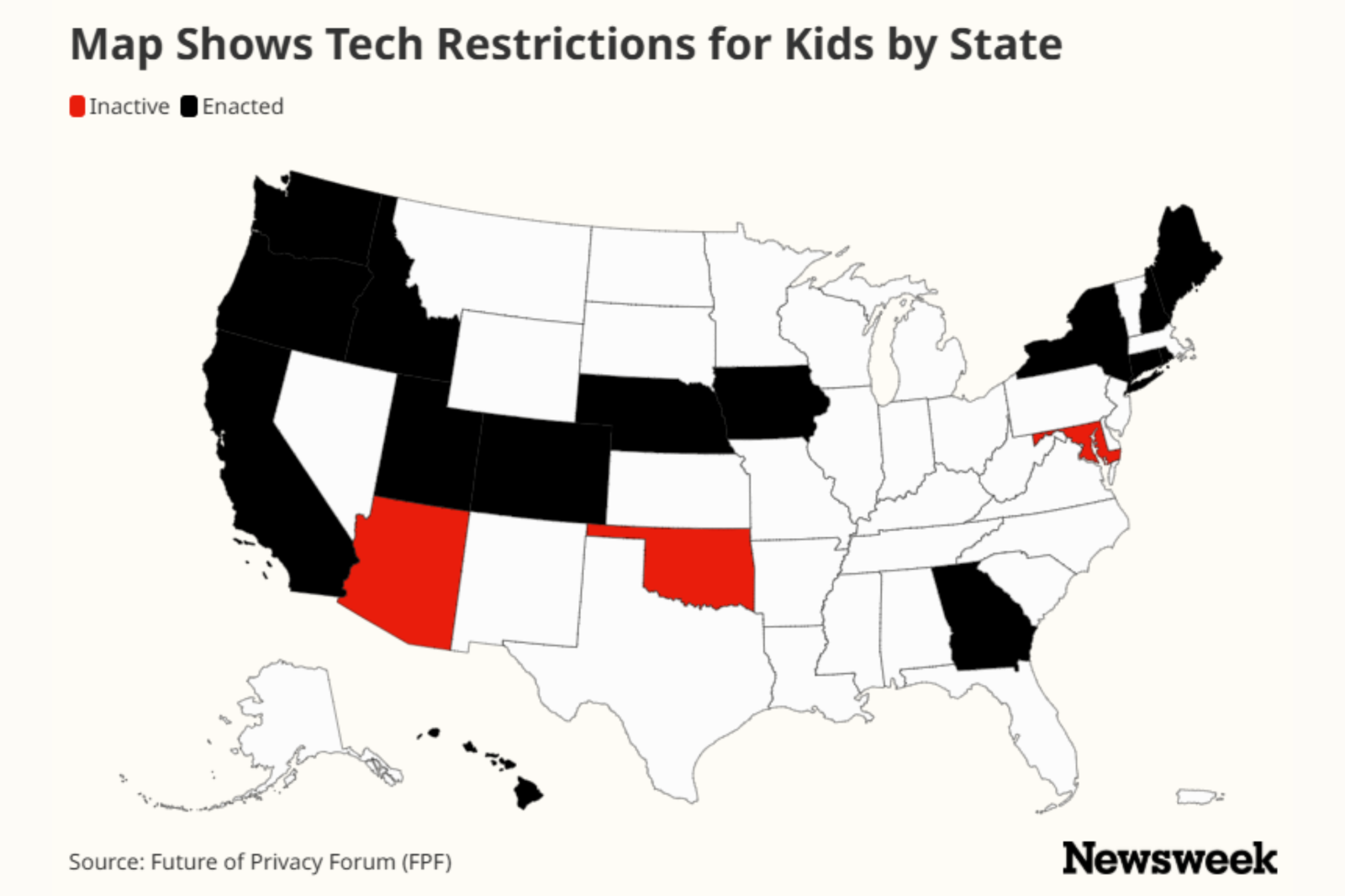 newsweek.com - Amanda Greenwood - Map shows tech restrictions for kids by state as California nears change