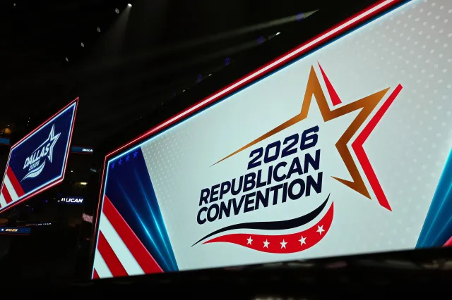 Logos are displayed on a screen ahead of the 2026 Republican National Convention at the American Airlines Center on September 08, 2026 in Dallas, Texas.