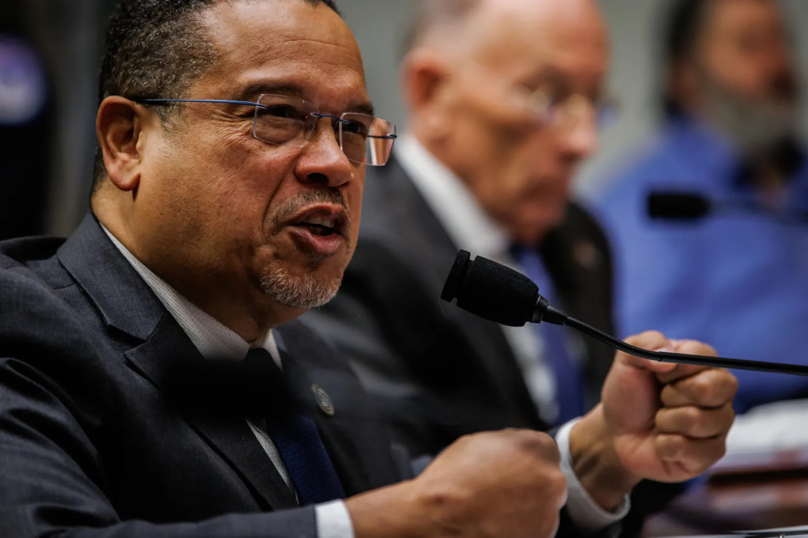 Minnesota Attorney General Keith Ellison testifies before the Senate Homeland Security Committee on February 12, 2026 in Washington,