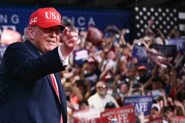Donald Trump arrives to speak at a rally at Gastonia Municipal Airport in Gastonia, North Carolina, on September 16, 2026. Trump is campaigning for Republican US Senate candidate Michael Whatley.