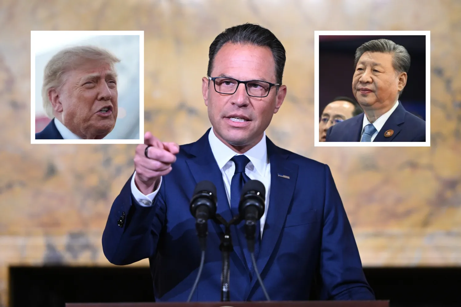 Pennsylvania Gov. Josh Shapiro speaks during a news conference at the state Capitol, Tuesday, August 18, 2026, in Harrisburg, Pennsylvania. Inset Left: Donald T