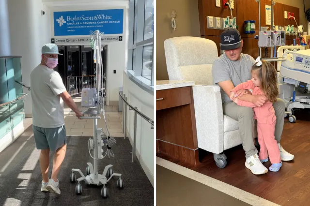 From left: Reese Willard during chemotherapy, and with his daughter in hospital.