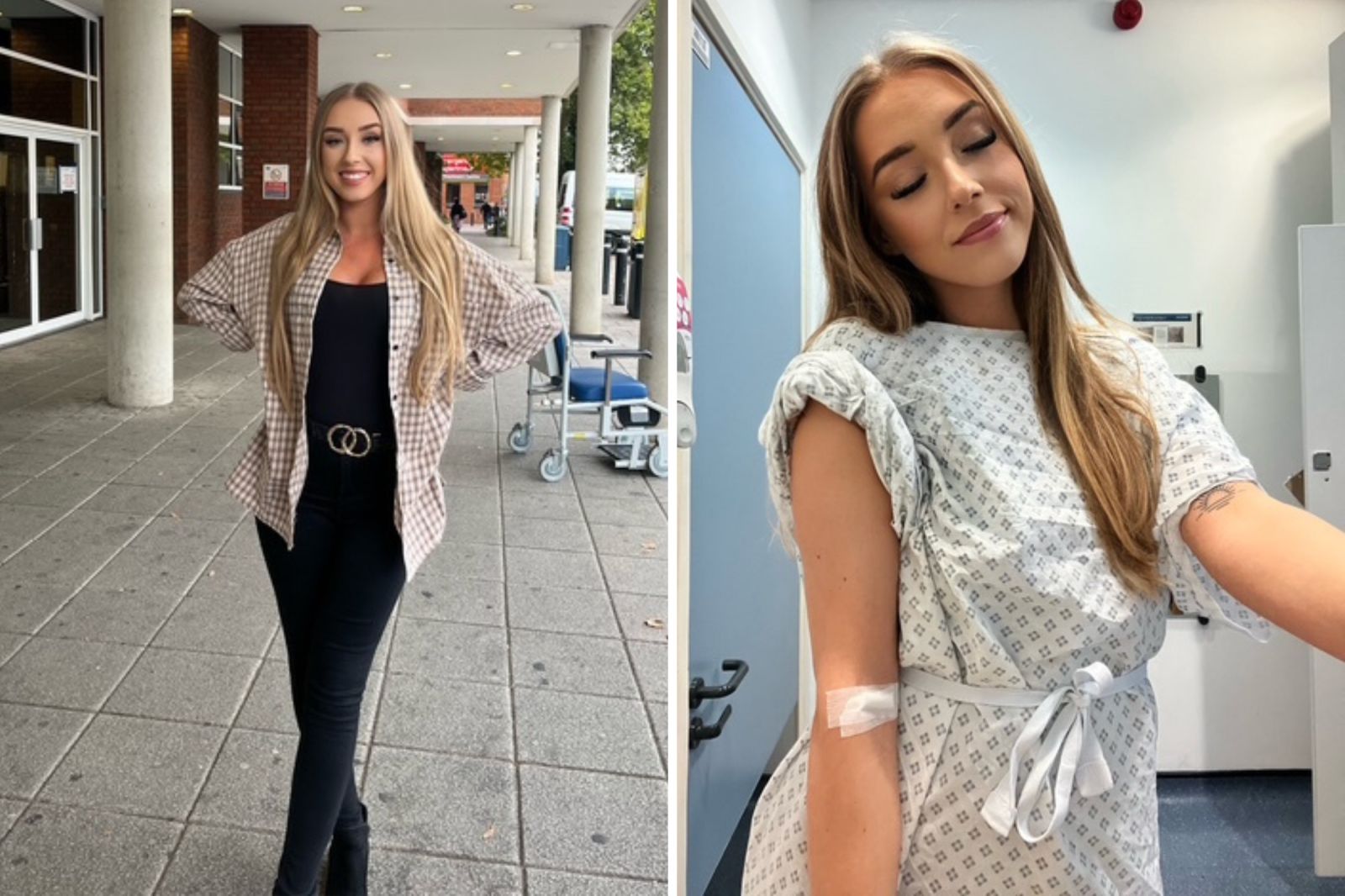 From left: Lauren Papadopoulos Green standing outside the hospital, and being assessed in hospital.