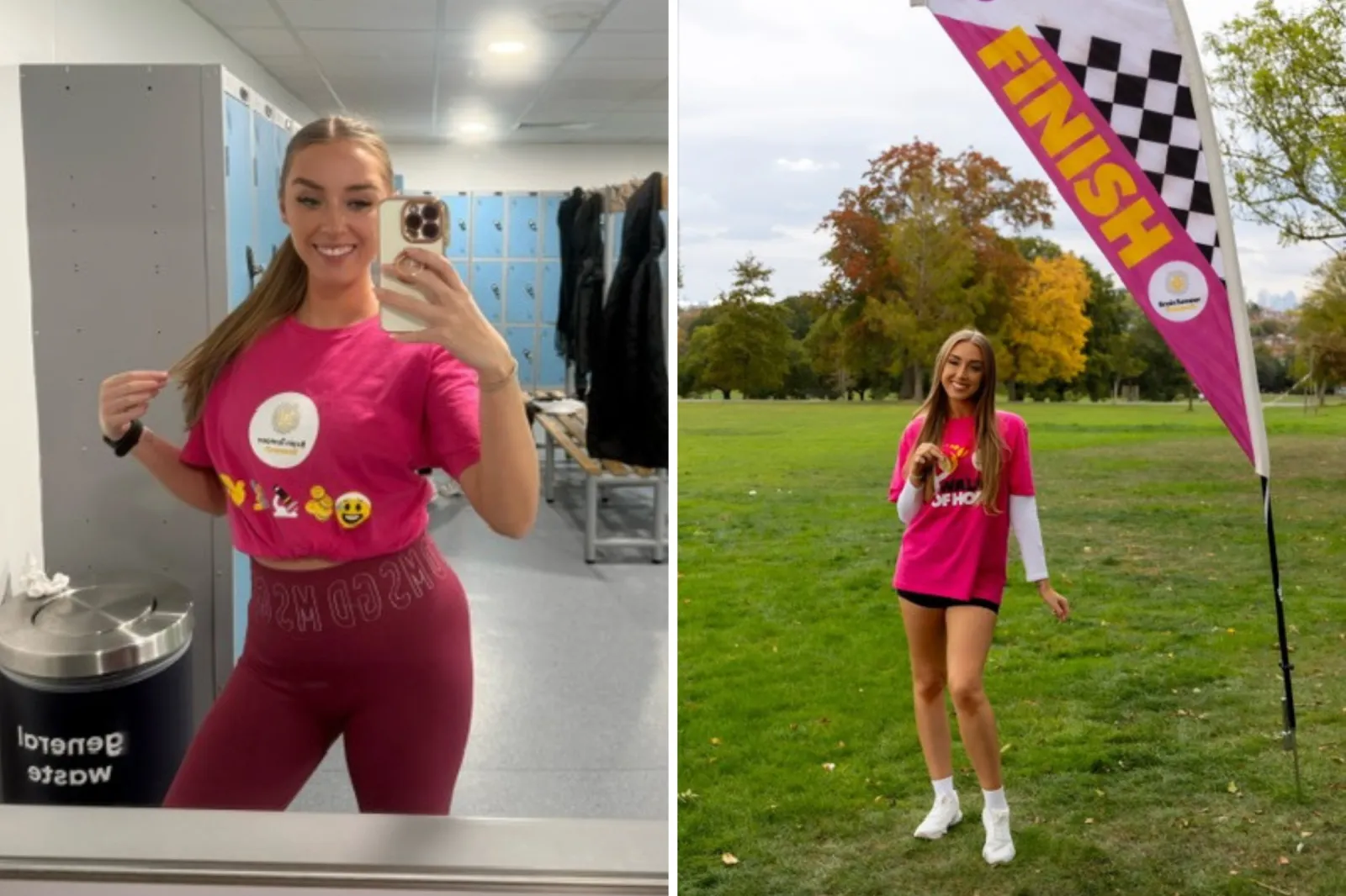 From left: Lauren Papadopoulos Green in the gym, and fundraising for Brain Tumour Research.