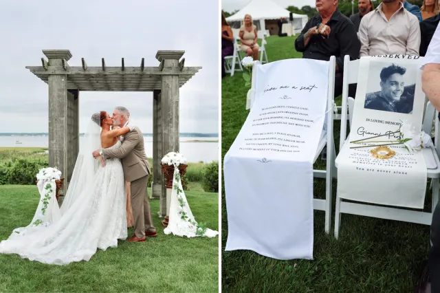 From left: Jasmine Fuller kissing her husband at the altar, and the memorial chair for Gianni.