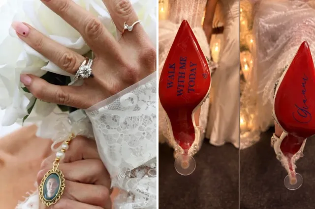 From left: Fuller's wedding band and the charm with Gianni's portrait, and the message on her shoes.