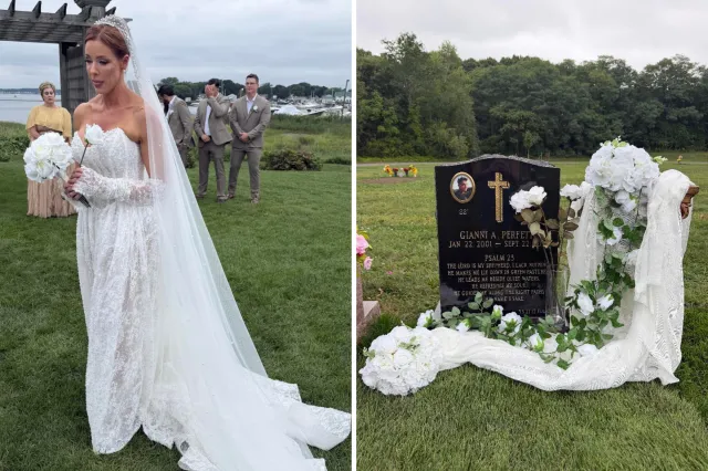 From left: Jasmine Fuller walking down the aisle alone, and her son's gravesite.