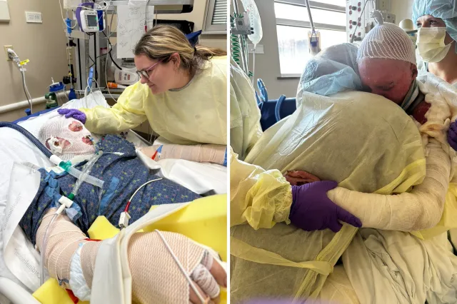 From left: Emma visits Remington Weckbacher in hospital after the incident.