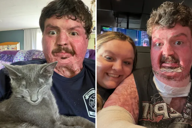From left: Remington Weckbacher sits with his cat; and takes a selfie with his now-wife, Emma.
