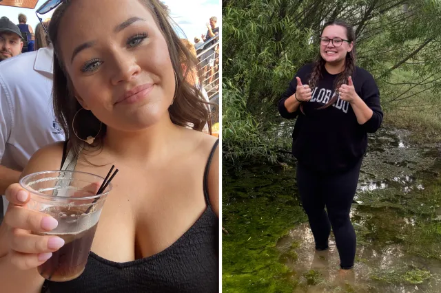 From left: Taylor holding a drink and pictured outside.