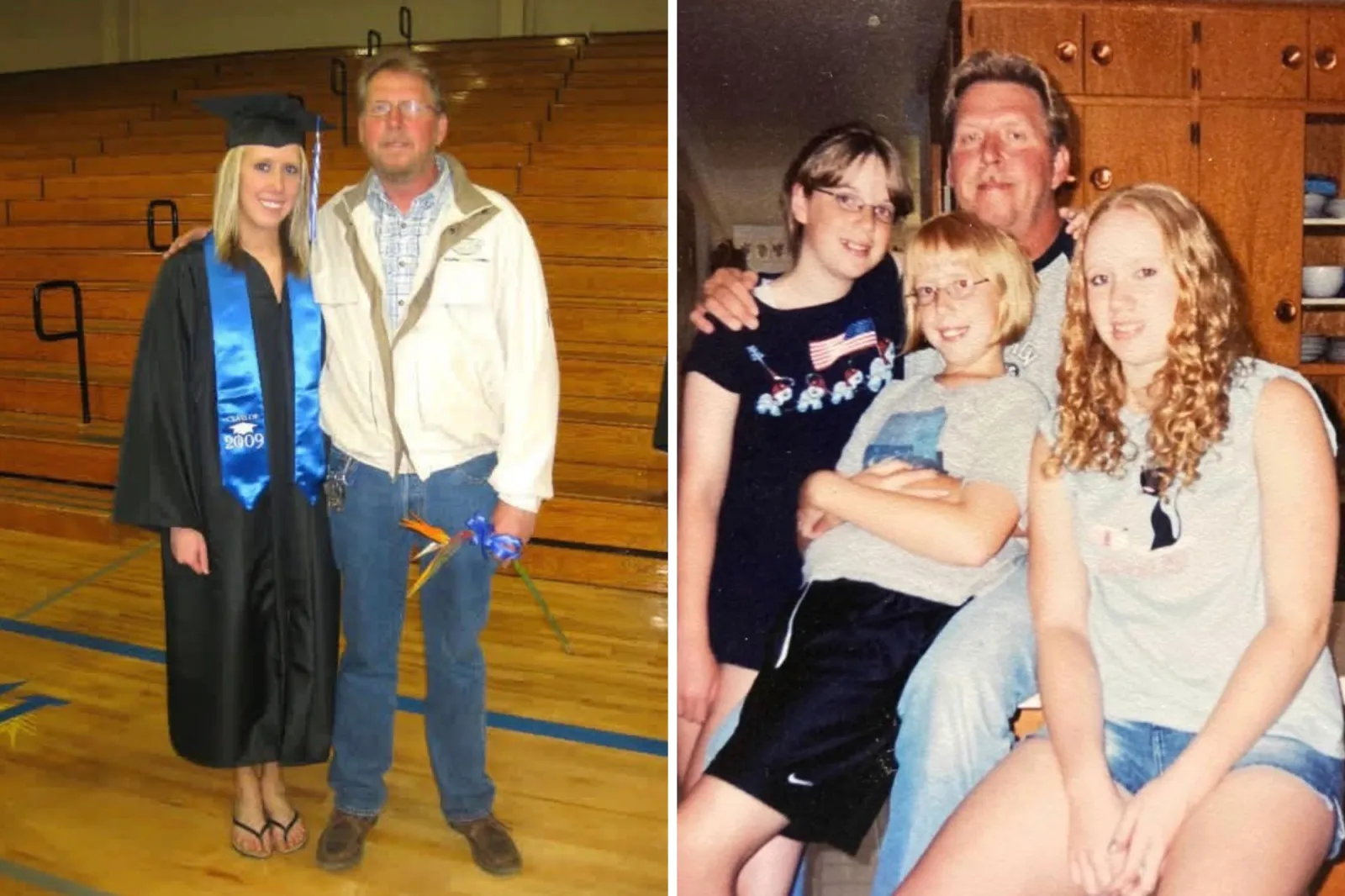 From left: Ashley Veen at her graduation alongside her dad, and pictured with her sisters and their dad.