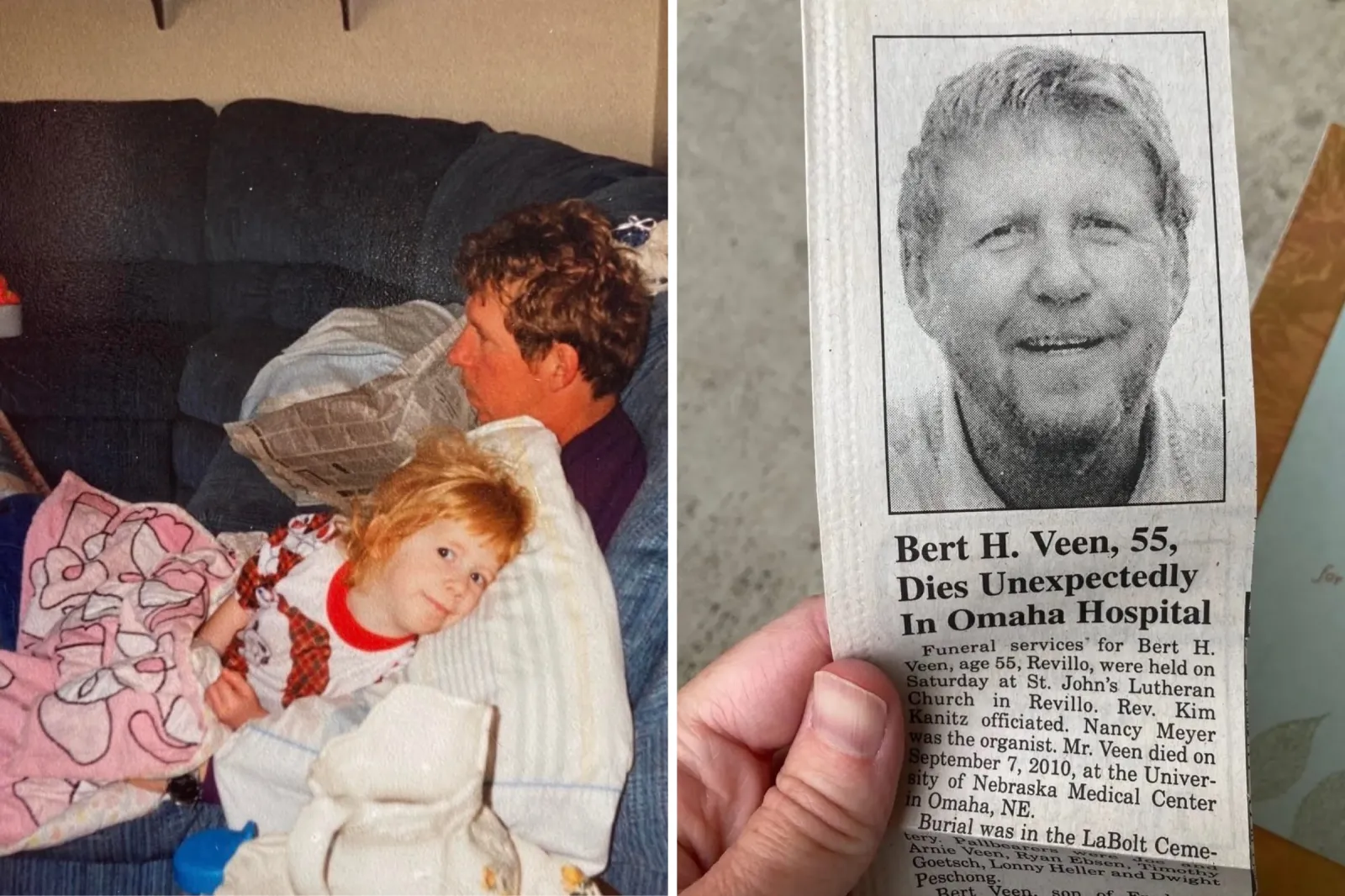 From left: Ashley Veen as a child with her dad, and a newspaper clipping reporting his passing in 2010.