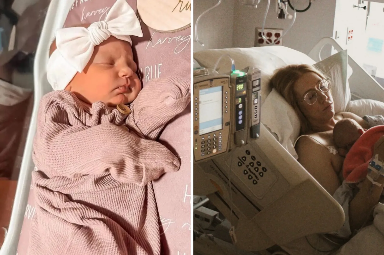 From left: Harvey sleeping, and Ashley Veen sleeping with him in a hospital bed.